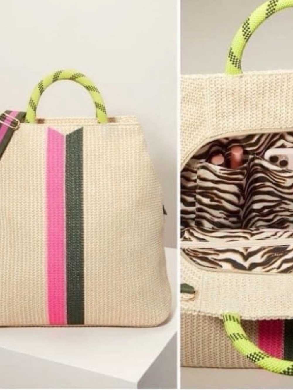 Stella & Dot Woven Straw Tote with Pink & Green Stripe